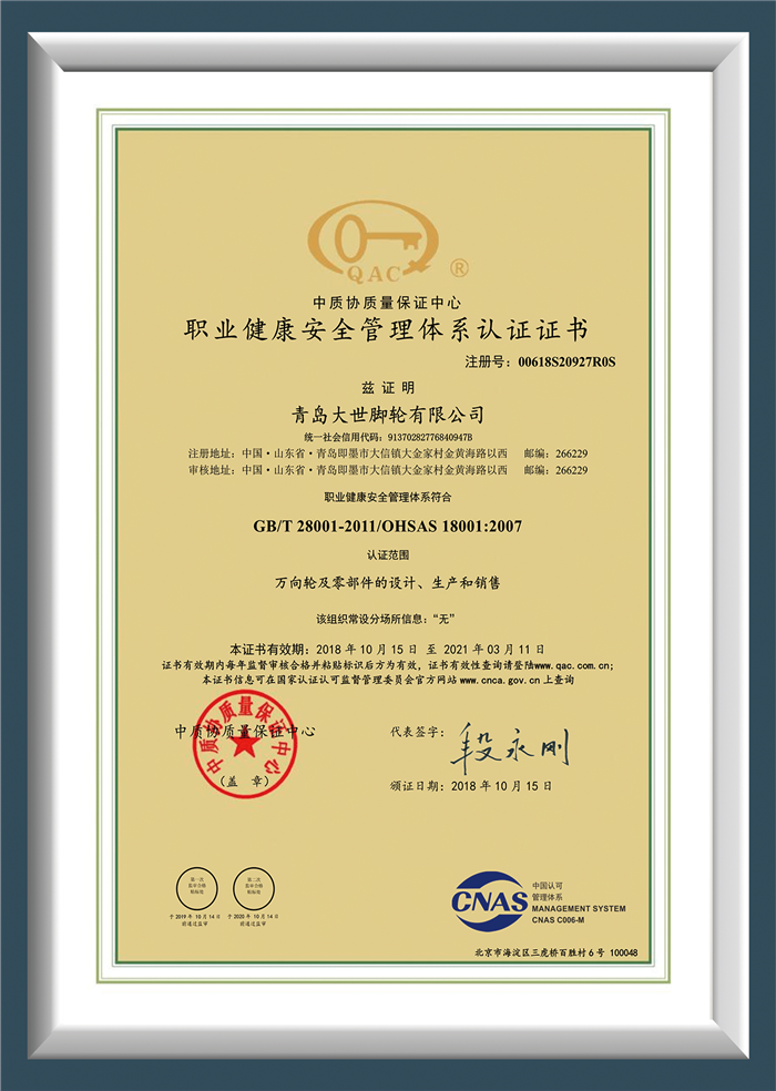 青岛大世职业健康安全管理体系认证证书